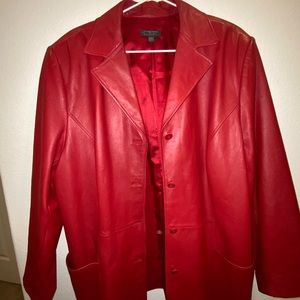Red oversized leather jacket
